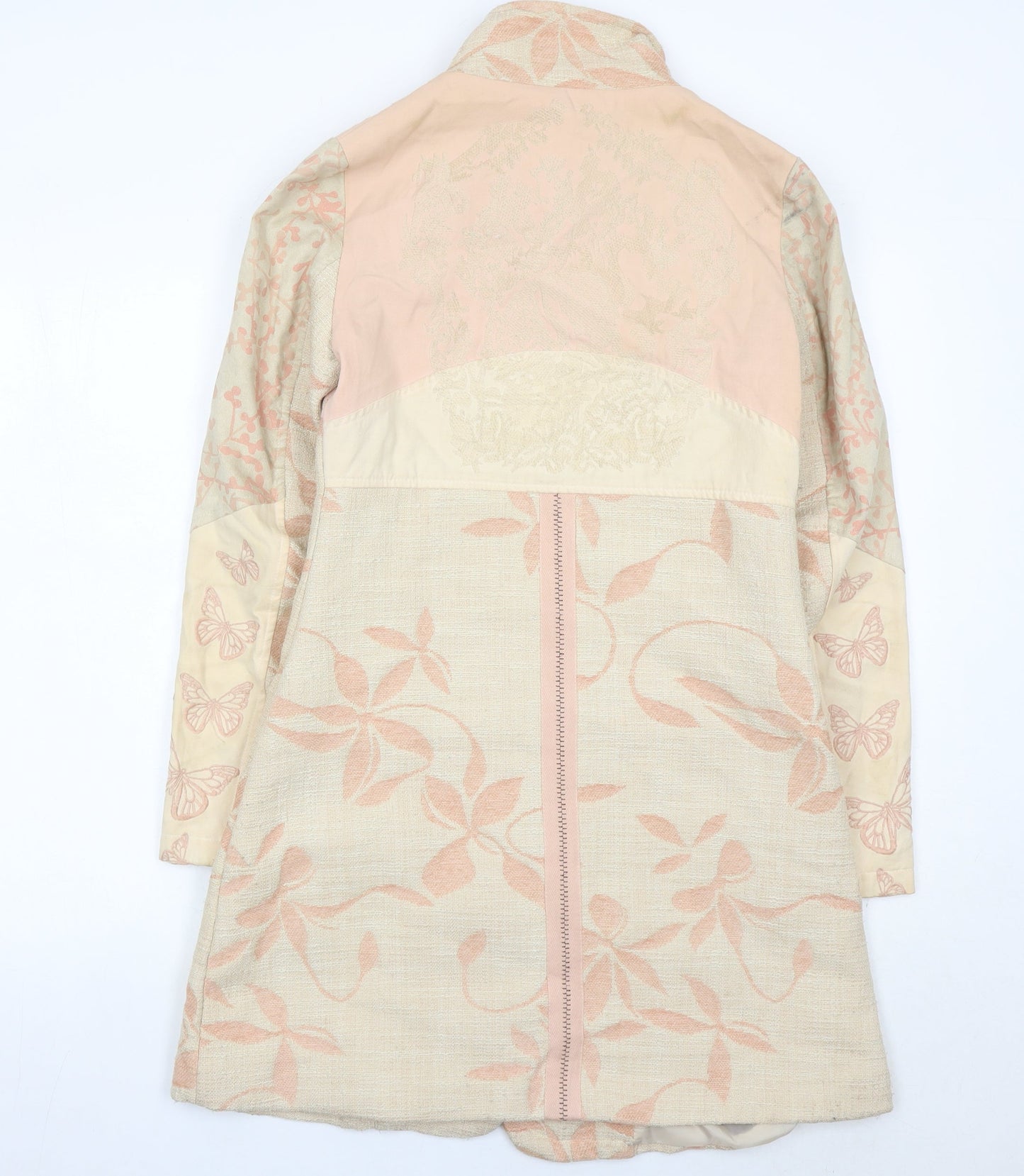 Cream Womens Beige Butterfly Floral Coat Size 6 Long Sleeve Overcoat
