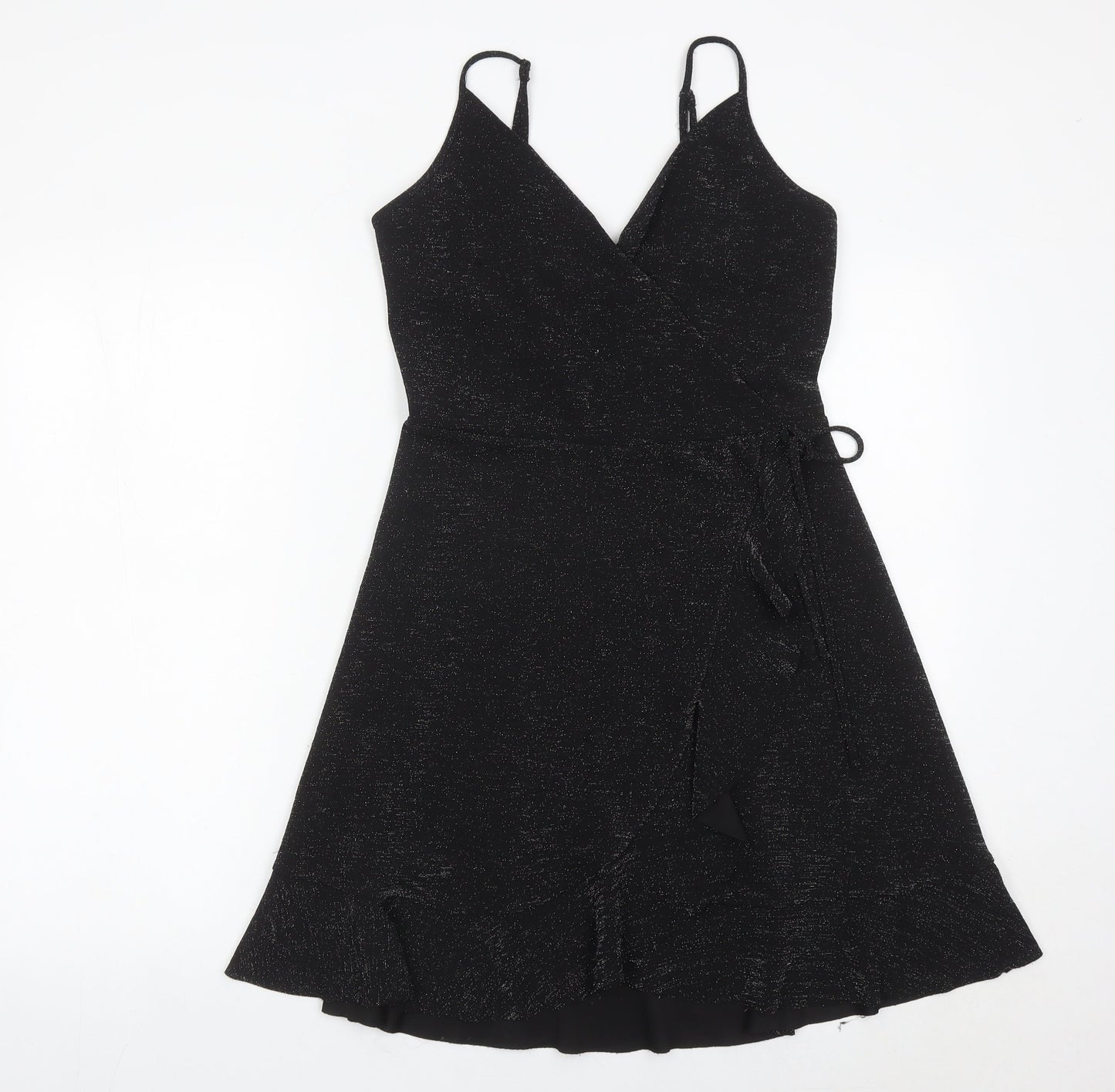 New Look Women’s Black Wrap Dress Size 12 Glitter Ruffle Party