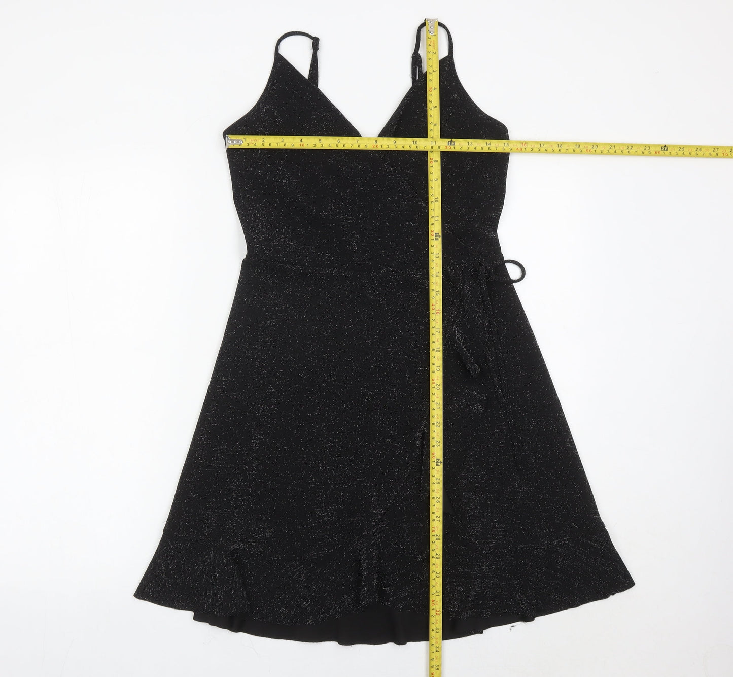 New Look Women’s Black Wrap Dress Size 12 Glitter Ruffle Party