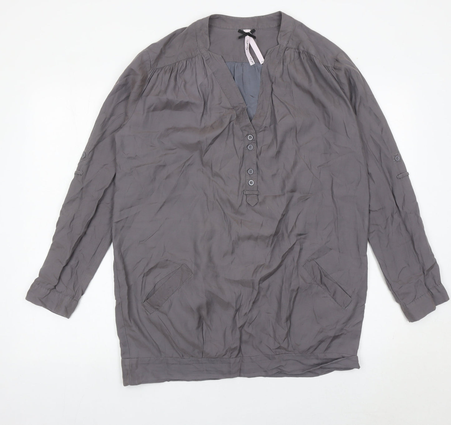 Next Women Grey Blouse Size 12 Tunic Viscose Cotton Long Sleeve