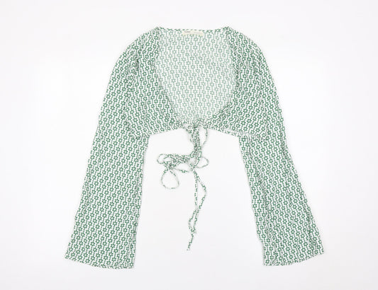Pull & Bear Womens Green Floral Cropped Tie Blouse XS Long Sleeve