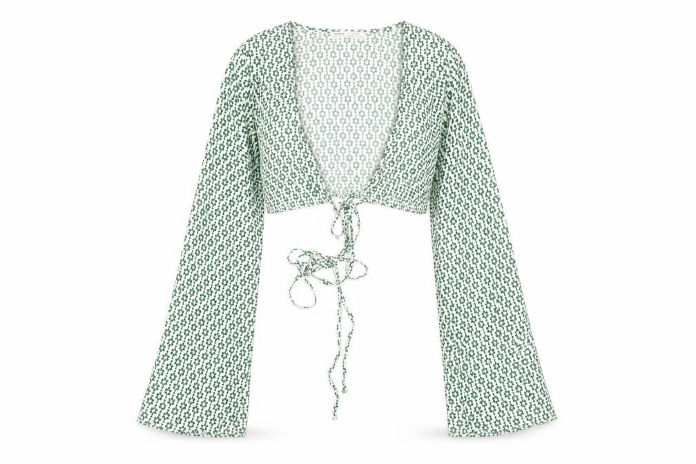 Pull&Bear Womens Green Floral Cropped Tie Blouse XS Long Sleeve