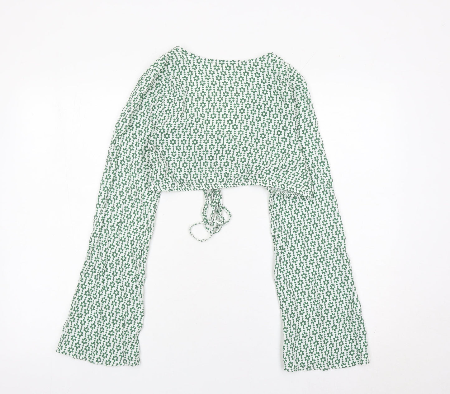 Pull & Bear Womens Green Floral Cropped Tie Blouse XS Long Sleeve
