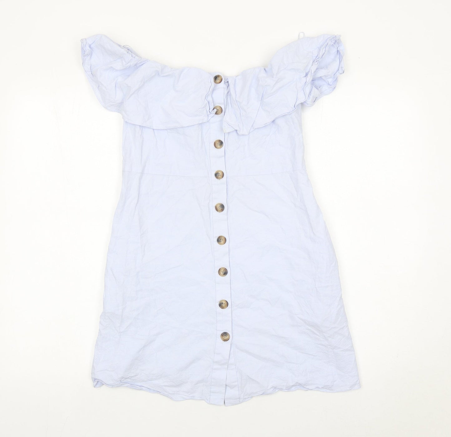 Zara Women Blue Cotton Off Shoulder A-Line Button Dress Size 8