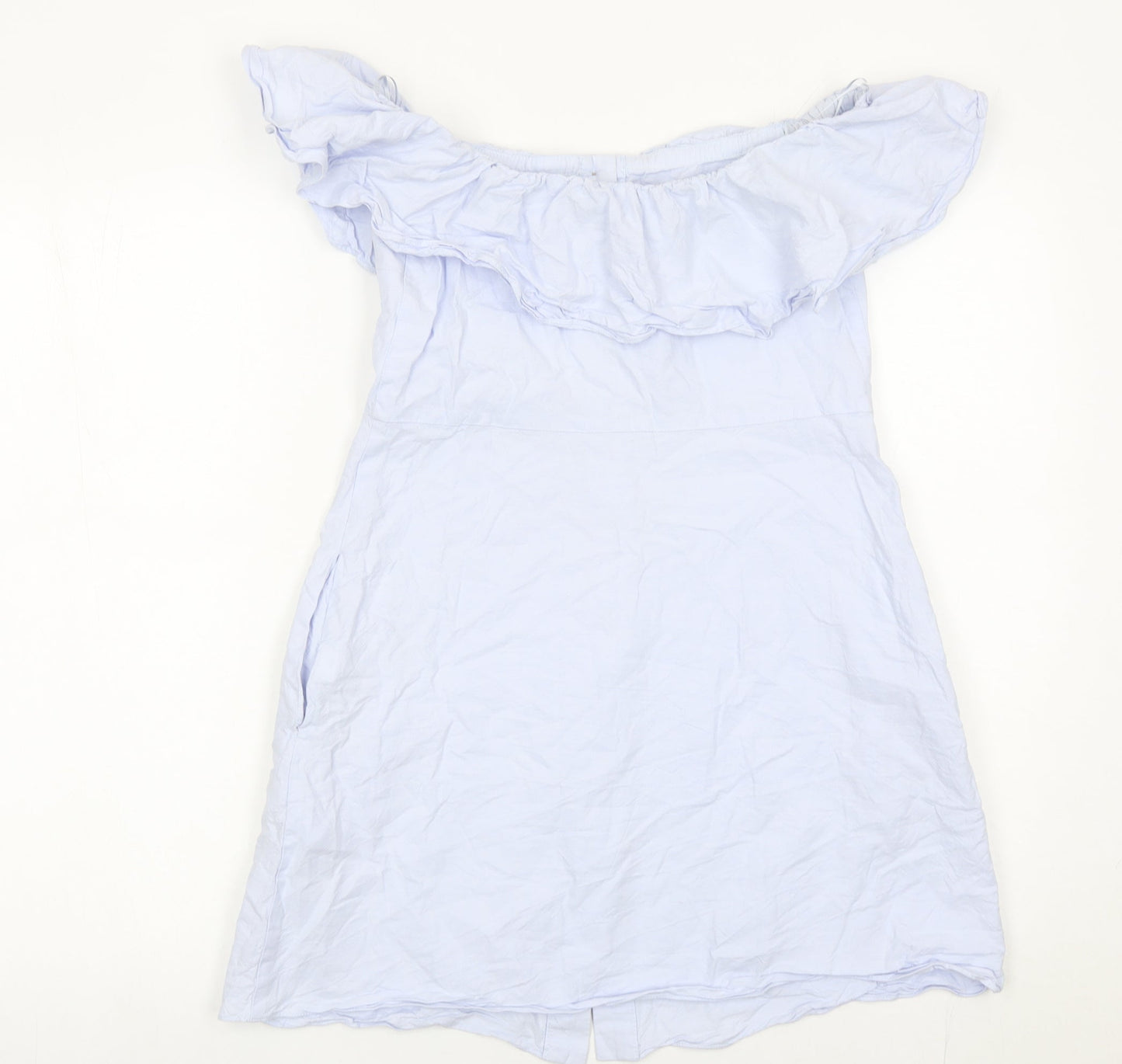 Zara Women Blue Cotton Off Shoulder A-Line Button Dress Size 8