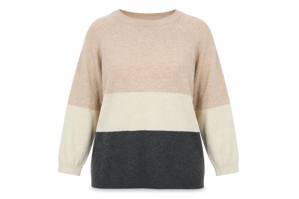 ONLY Womens XL Beige Grey Stripe Knit Jumper Crew Neck Pullover