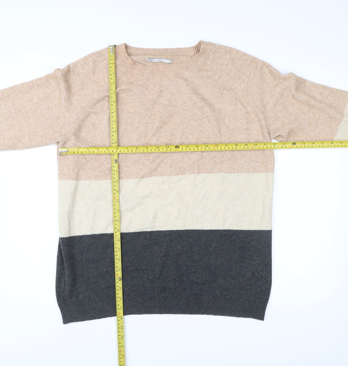 ONLY Womens XL Beige Grey Stripe Knit Jumper Crew Neck Pullover