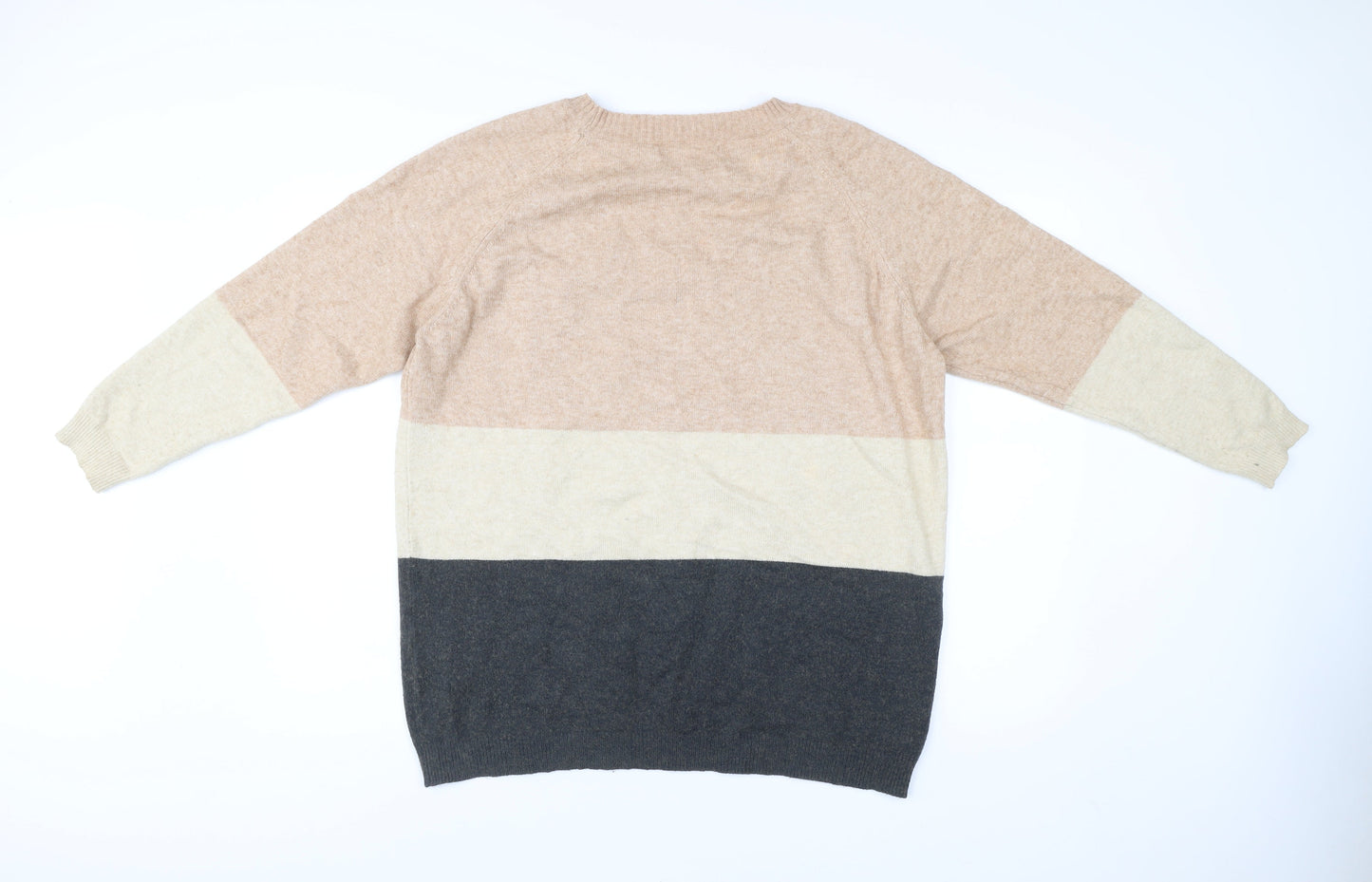 ONLY Womens XL Beige Grey Stripe Knit Jumper Crew Neck Pullover