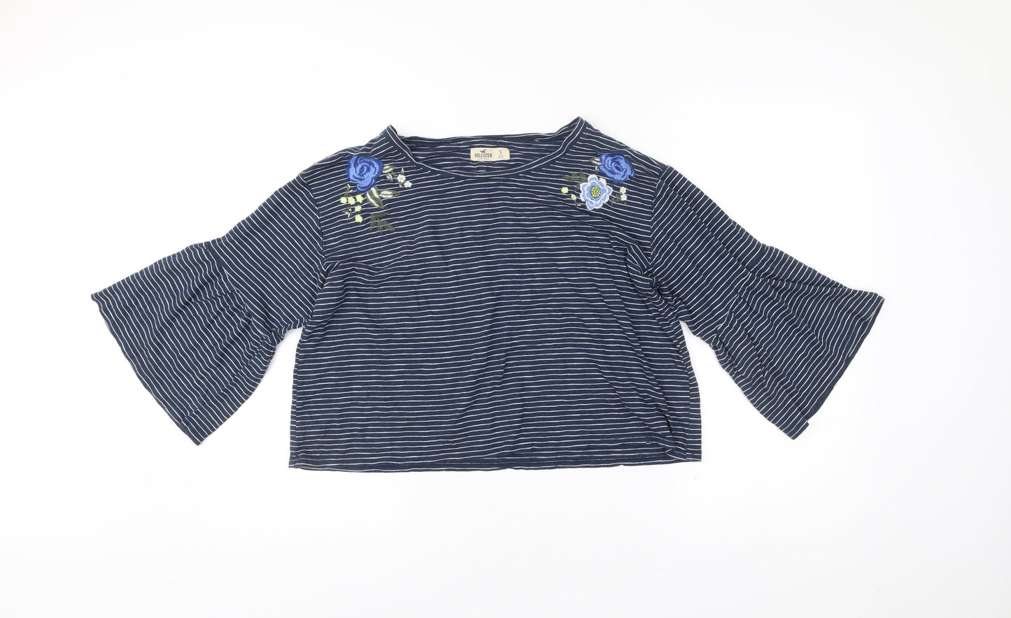 Hollister Womens Blue Striped Embroidered Cropped Blouse S