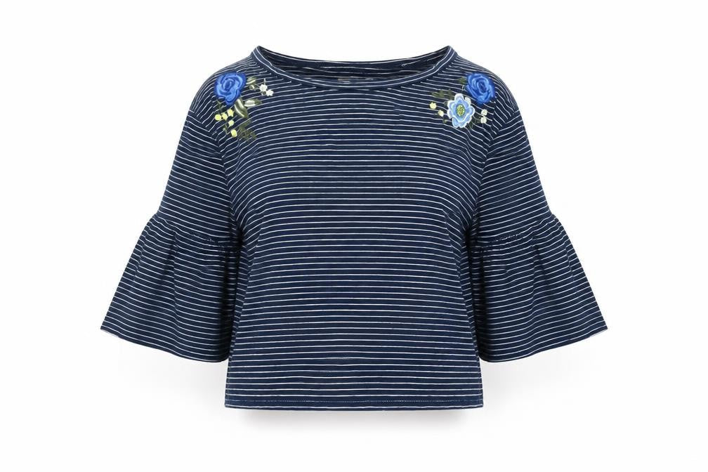 Hollister Womens Blue Striped Embroidered Cropped Blouse S
