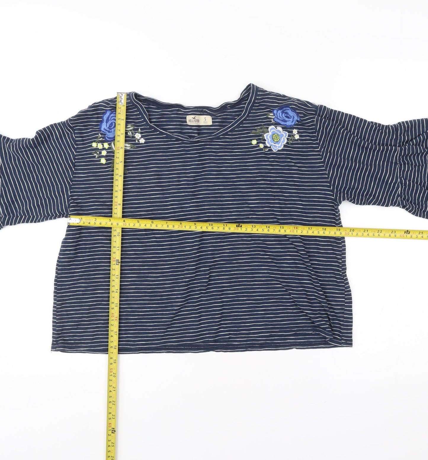 Hollister Womens Blue Striped Embroidered Cropped Blouse S