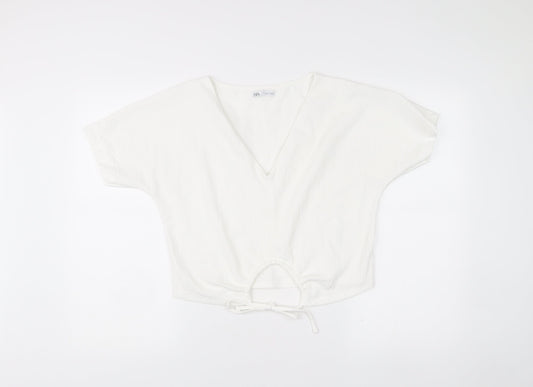 Zara Womens White Cropped V-Neck Tie Blouse Size S