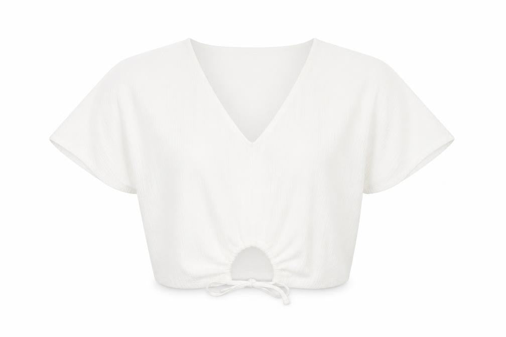 Zara Womens White Cropped V-Neck Tie Blouse Size S