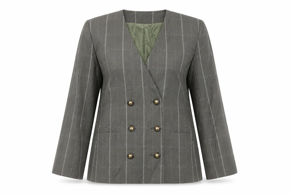 Atrium Petite Women’s Green Check Double-Breasted Blazer Size 8