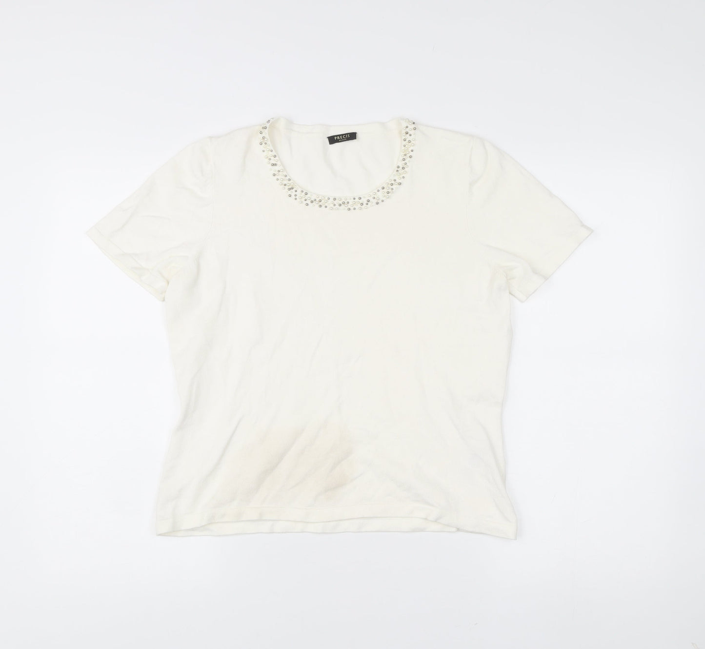 Precis Petite Women Ivory Beaded Scoop Neck Short Sleeve T-Shirt M