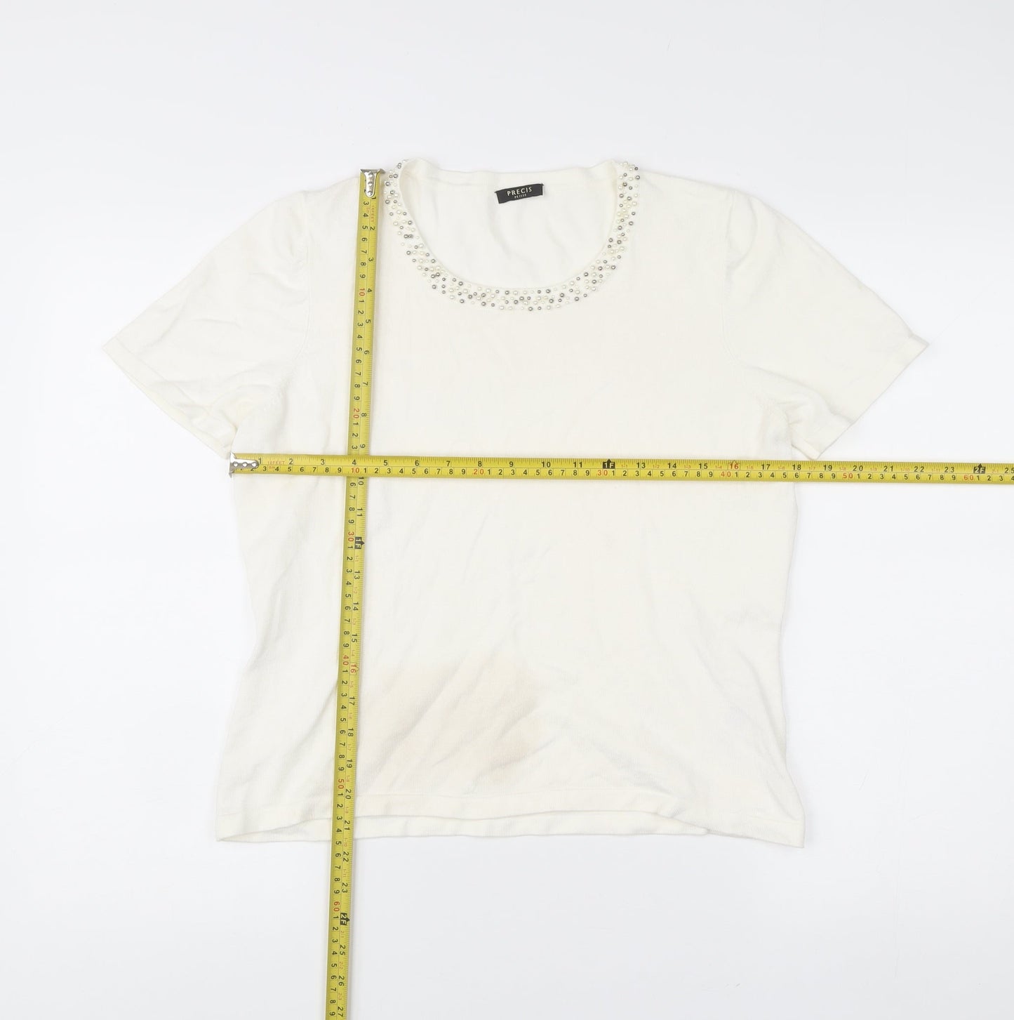 Precis Petite Women Ivory Beaded Scoop Neck Short Sleeve T-Shirt M