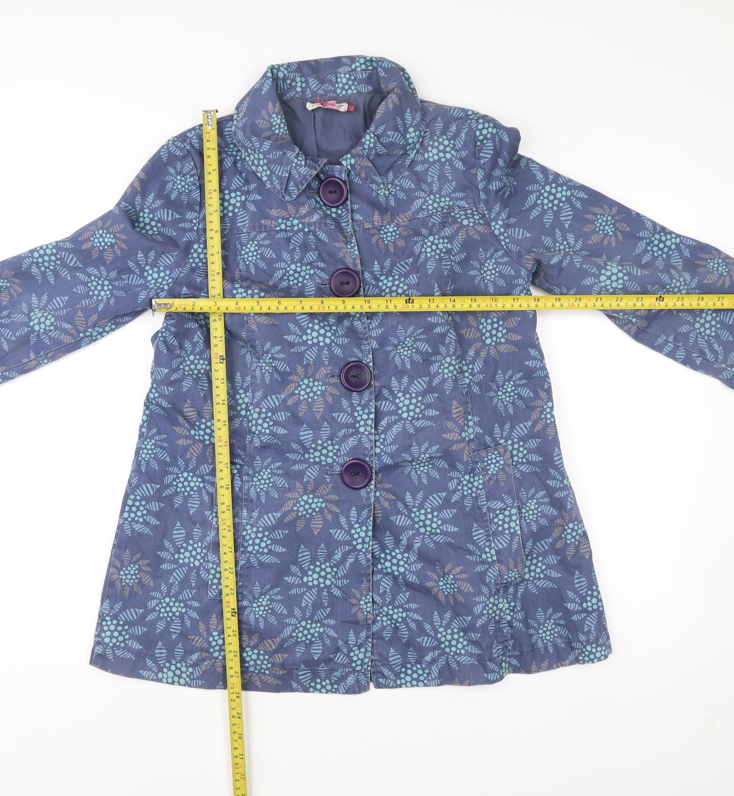 Monsoon Womens Blue Floral Cotton Trench Coat Size 12