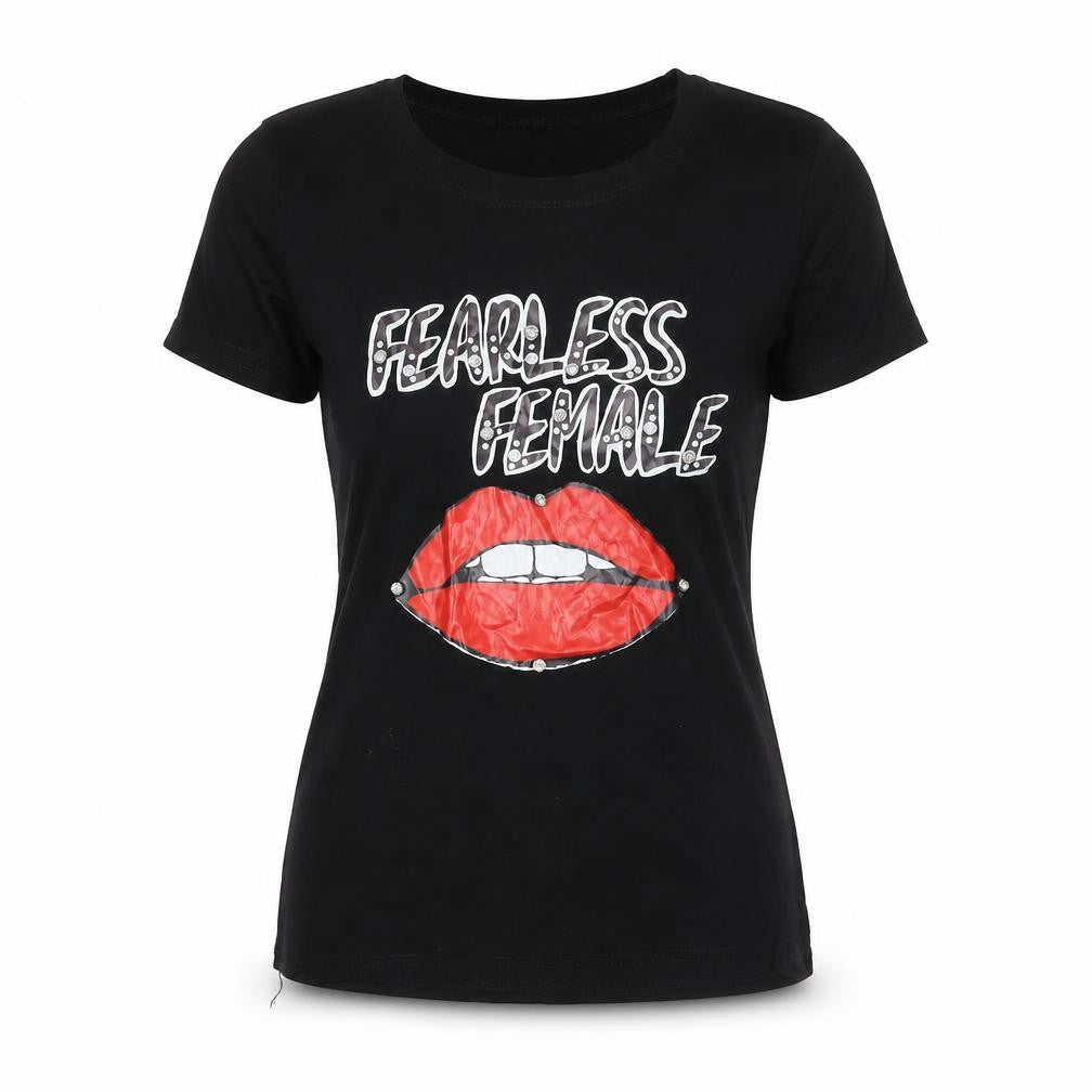 Yu & Me Paris Women's Black S T-Shirt Fearless Female Studded
