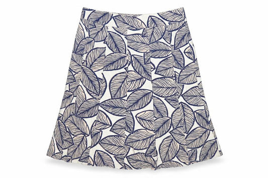 EWM Womens Blue Beige Leaf Print A-Line Skirt Size 14 Linen Blend