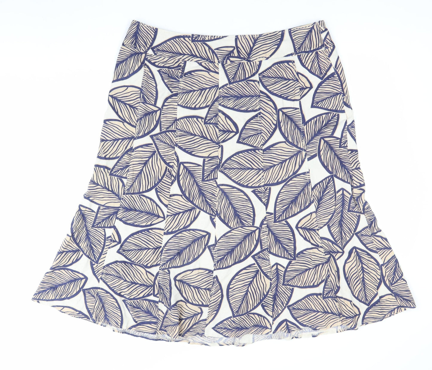 EWM Womens Blue Beige Leaf Print A-Line Skirt Size 14 Linen Blend