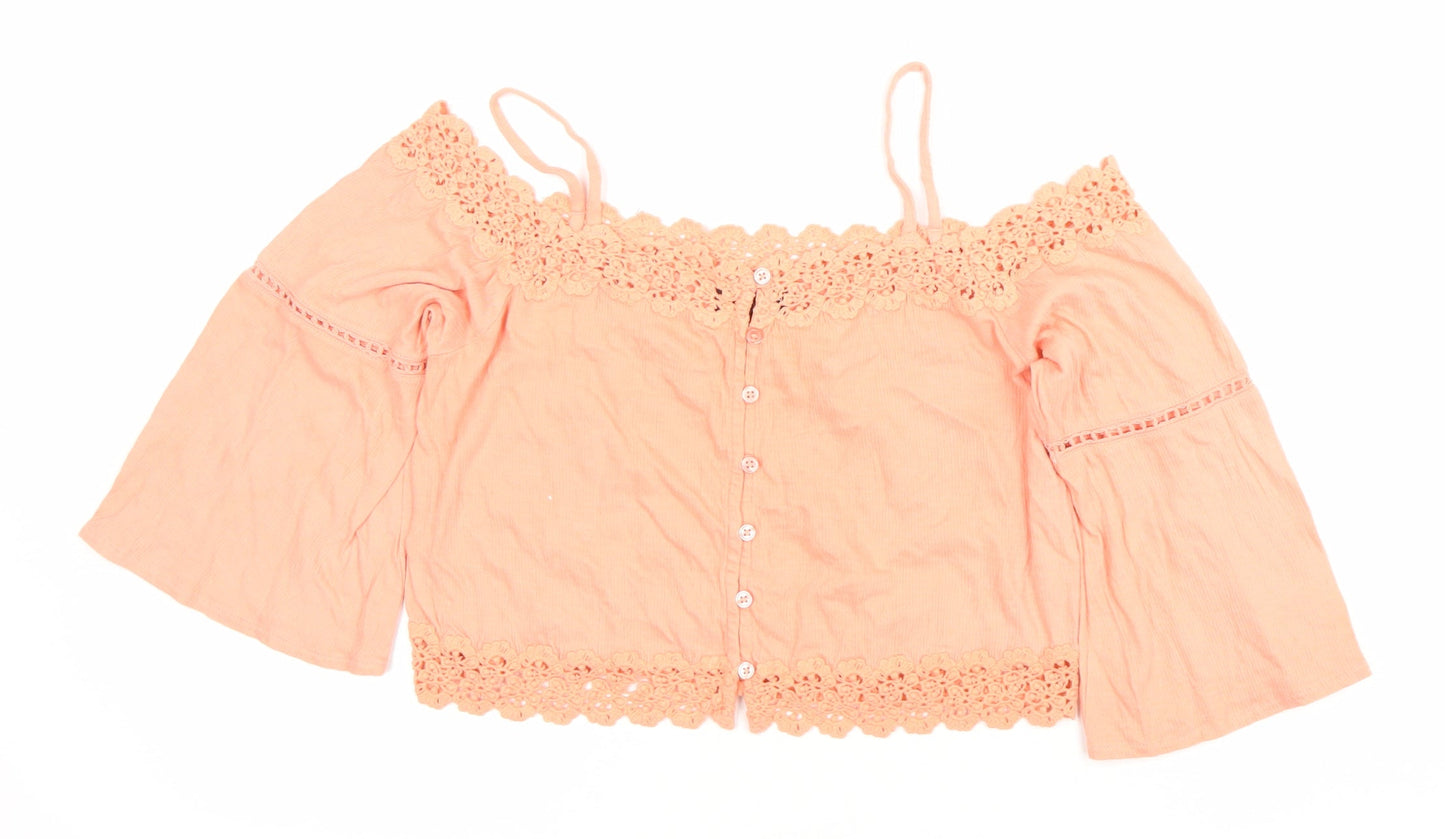 Topshop Women’s Pink Crochet Cropped Blouse Size 10 Off Shoulder