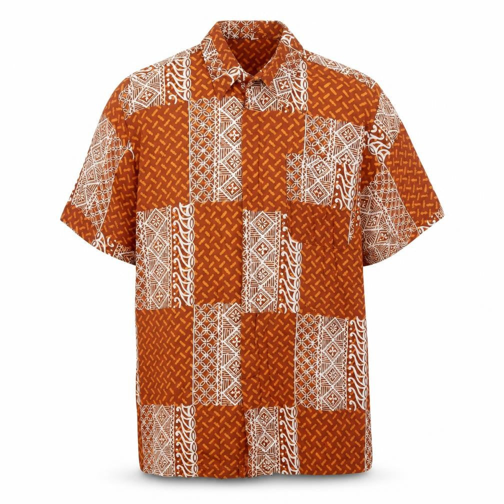 Bawonoo Men Brown M Geometric Hawaiian Short Sleeve Cotton Shirt
