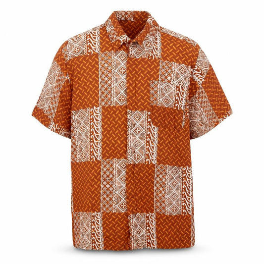 Bawonoo Men Brown M Geometric Hawaiian Short Sleeve Cotton Shirt