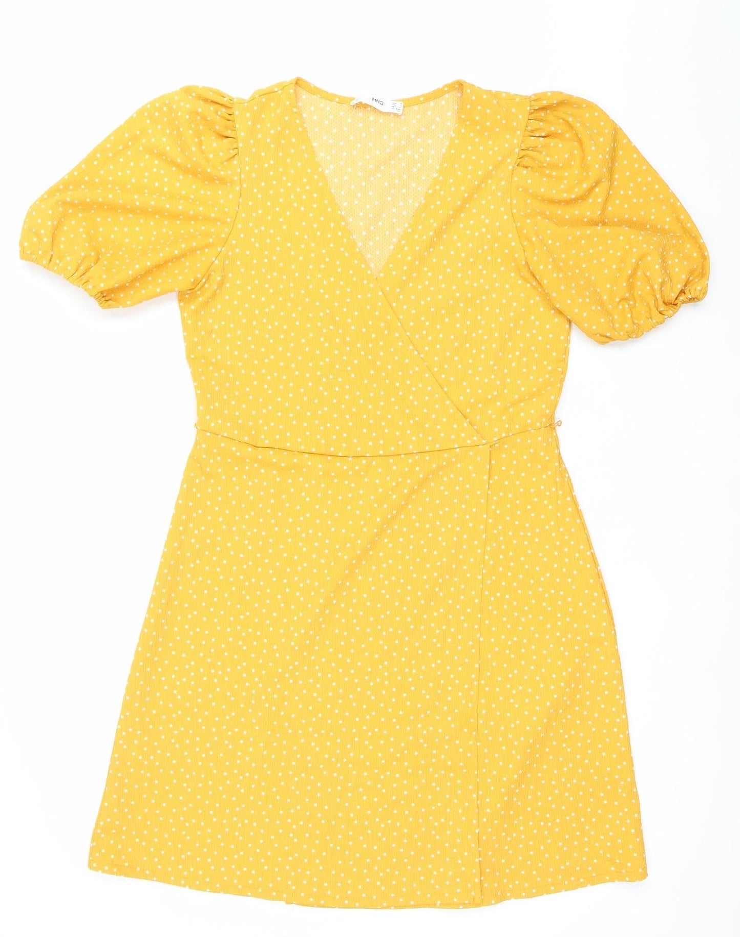 Mango Women’s Yellow Polka Dot A-Line Puff Sleeve Dress Size 8