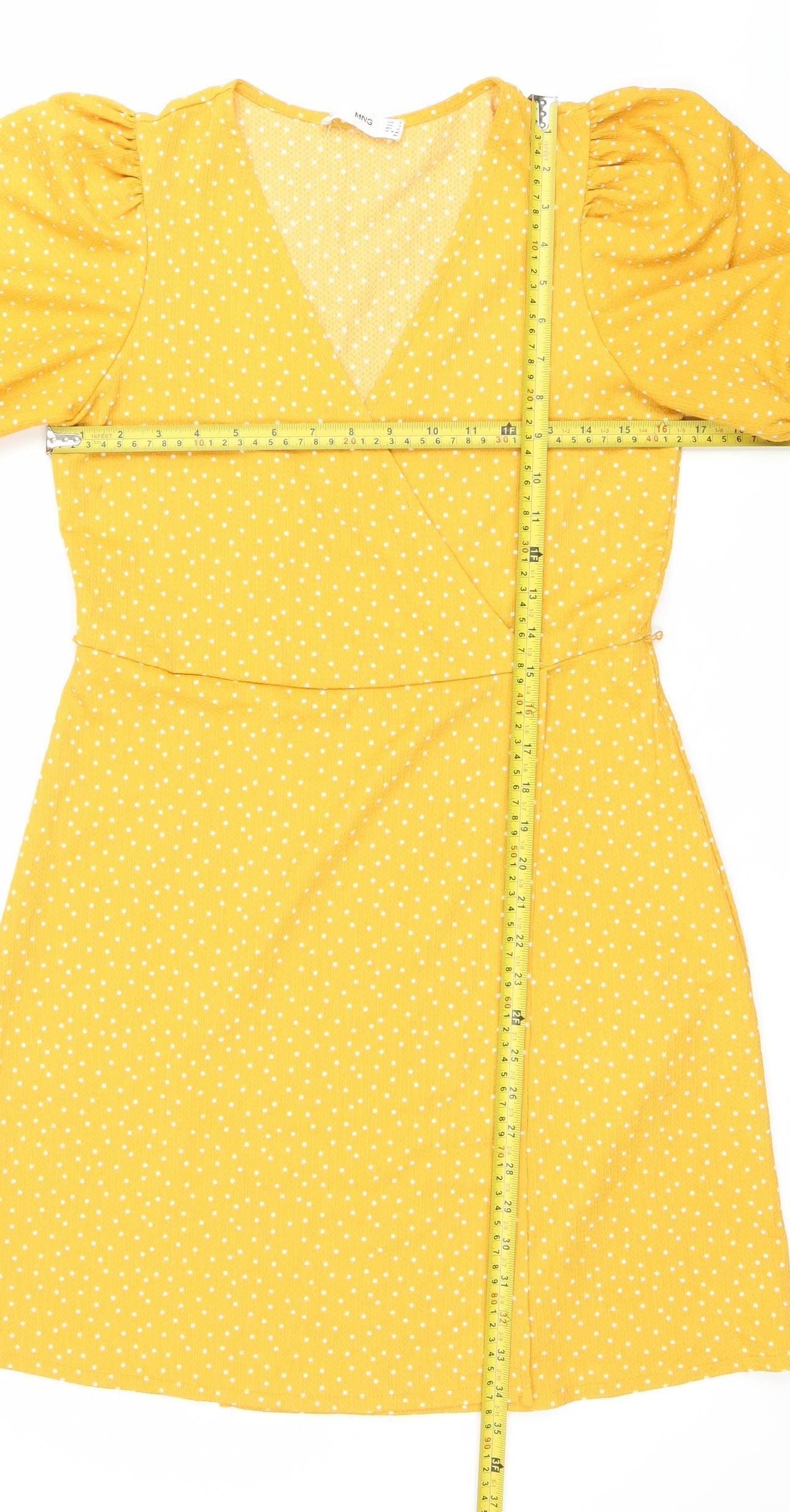 Mango Women’s Yellow Polka Dot A-Line Puff Sleeve Dress Size 8
