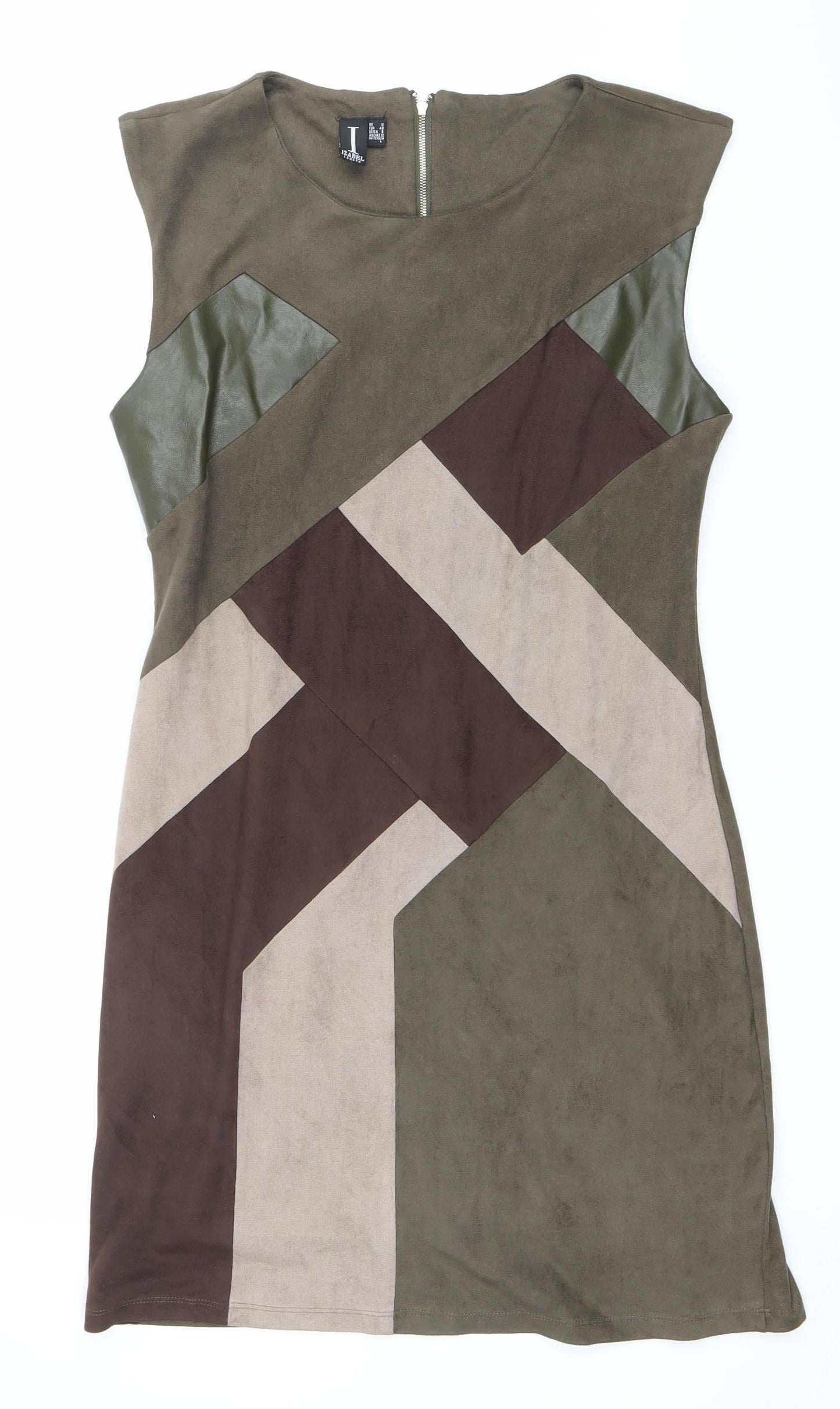 Izabel London Women’s Brown Green Beige Shift Dress Size 12 Sleeveless
