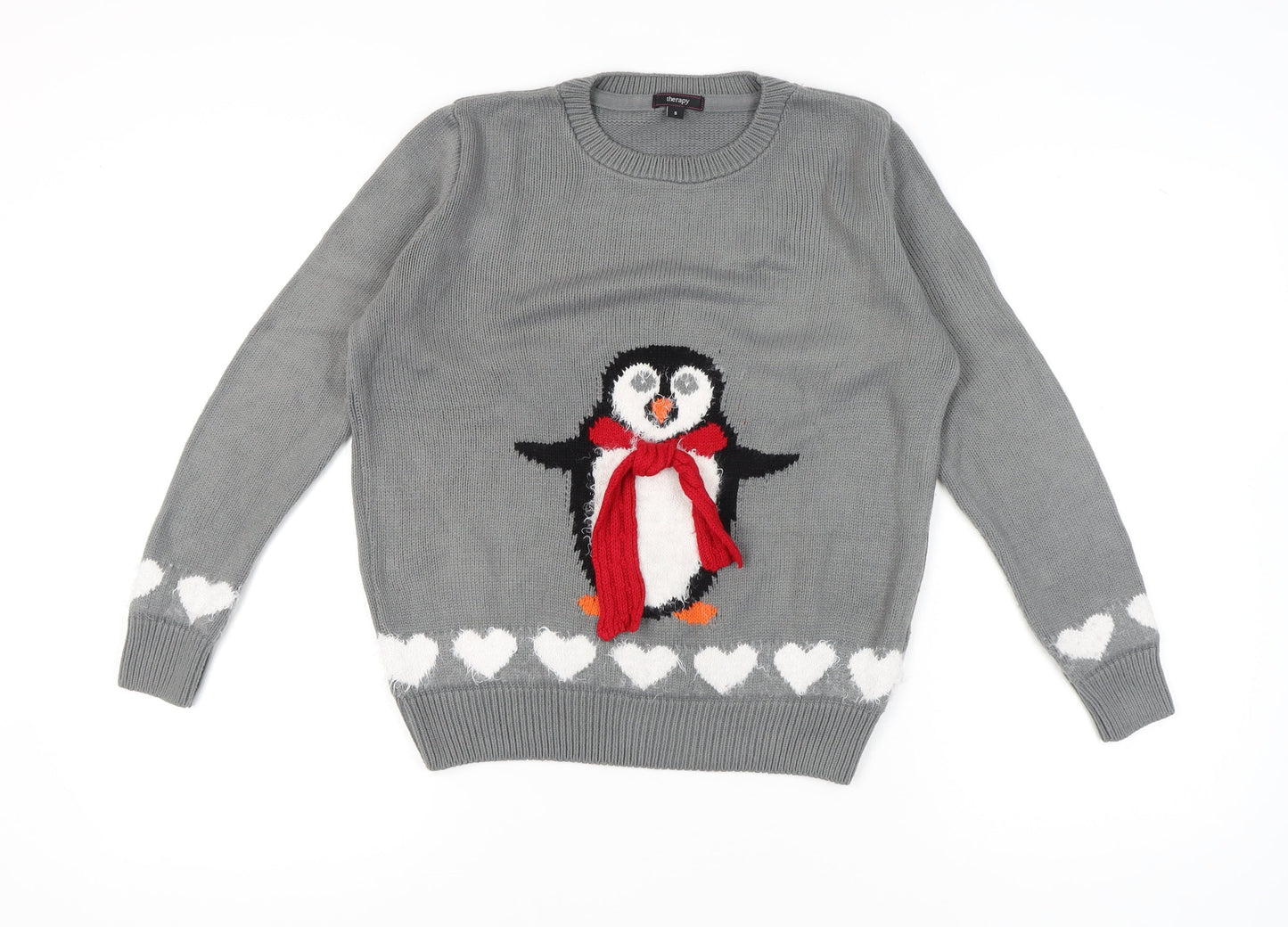 Therapy Women’s Grey Christmas Penguin Jumper Small Crew Neck Knit