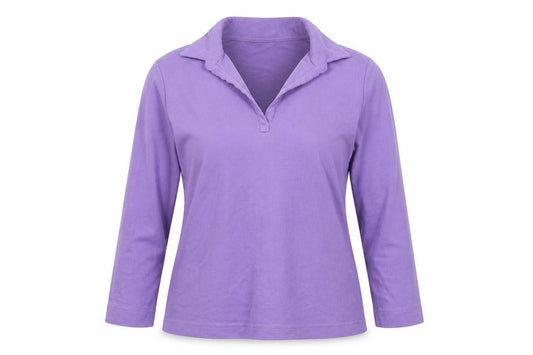 Front view of Maine New England Women’s Purple Polo Top, size UK 12, 3/4 Sleeve Viscose Blend