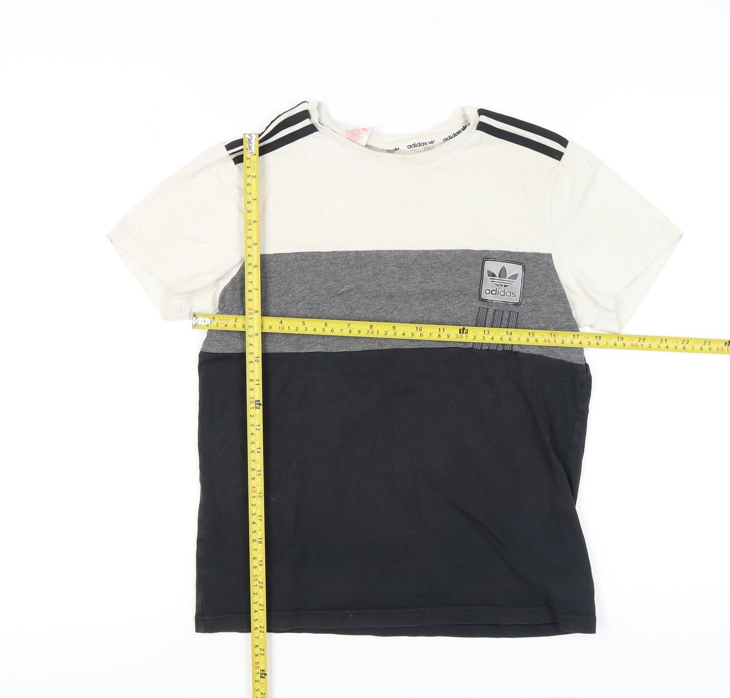 Adidas Boys White Grey Black T-Shirt 13-14 Years Colourblock Logo Top