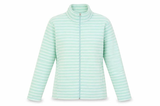 Front view of Anne de Lancay Women's Green Striped Fleece Jacket, size M