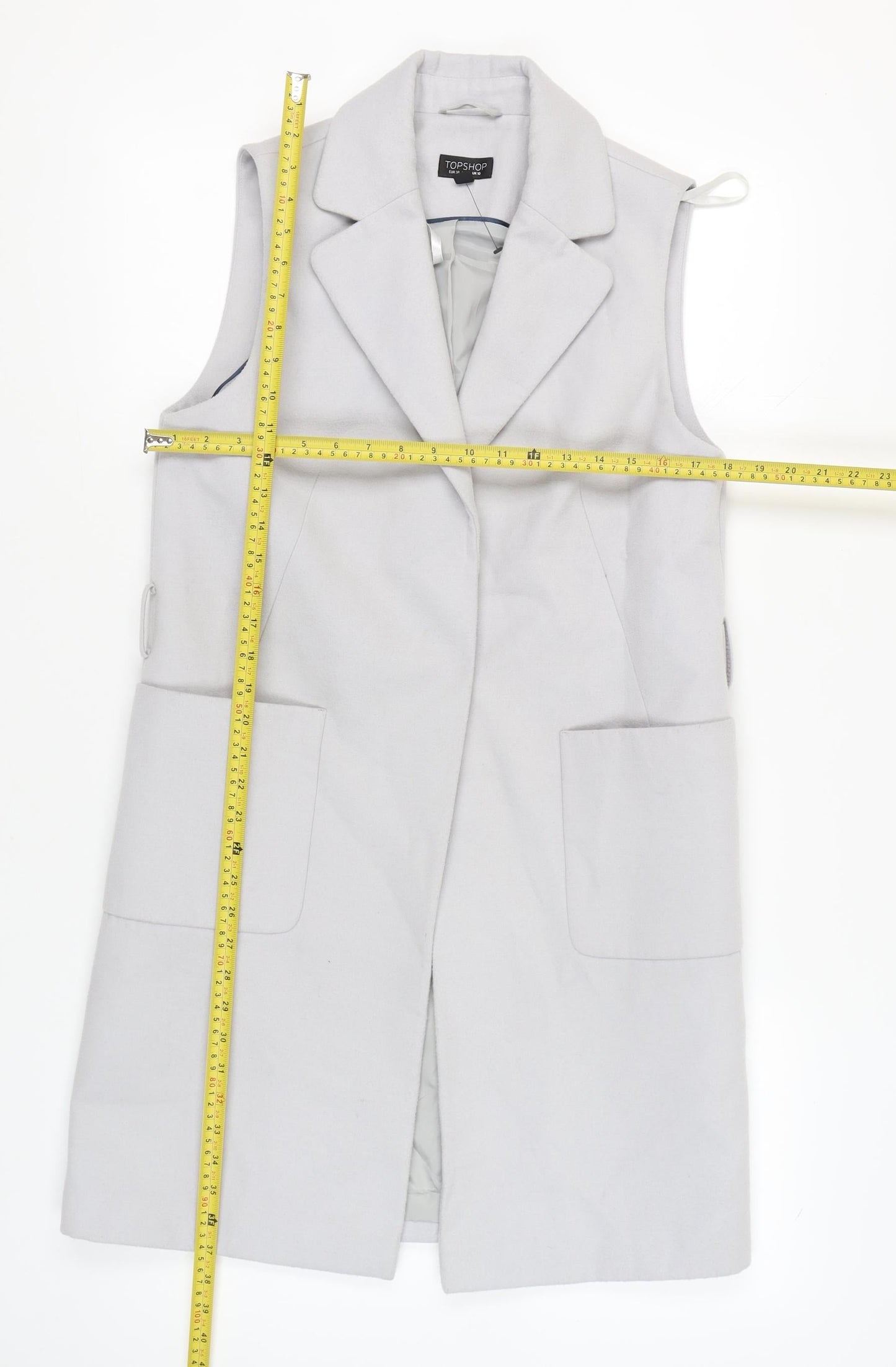 Topshop Women’s Grey Long Waistcoat UK 10 Sleeveless Workwear