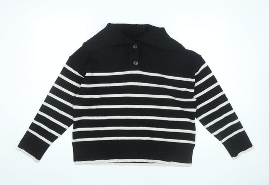 Zara Women Black Striped Collared Pullover Jumper M