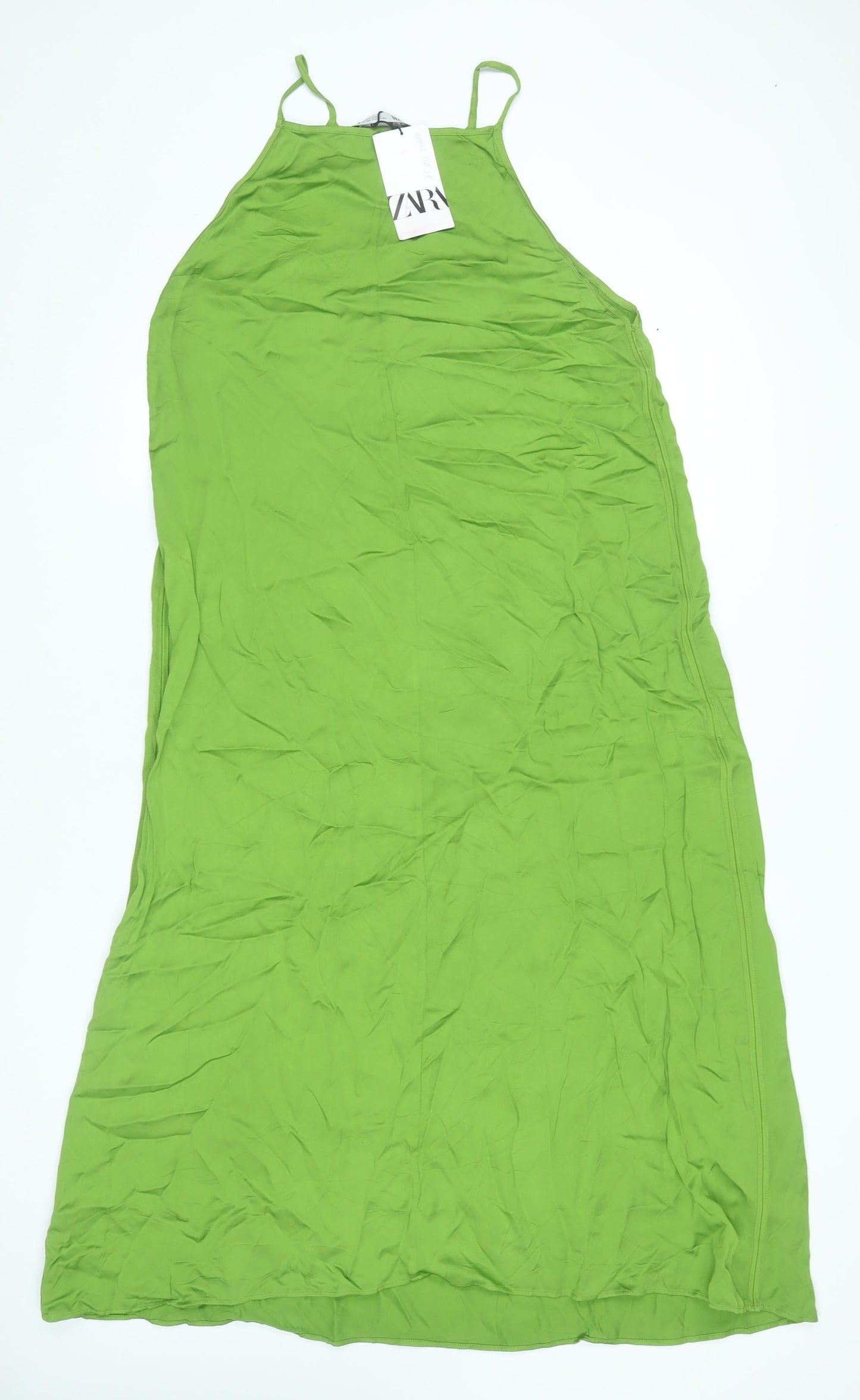 Zara Women Green L Viscose Midi Slip Dress Summer Halter Spaghetti Strap