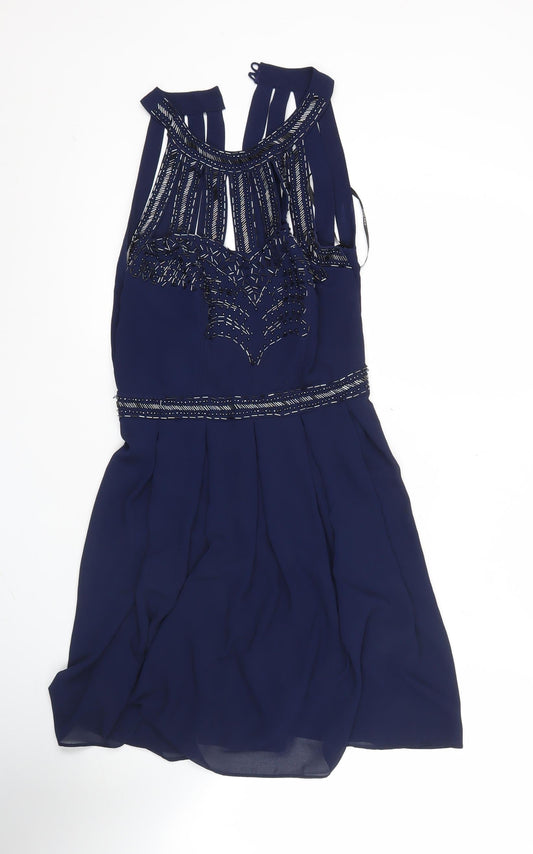TFNC London Women’s Blue Skater Dress Size S Beaded Sleeveless Party