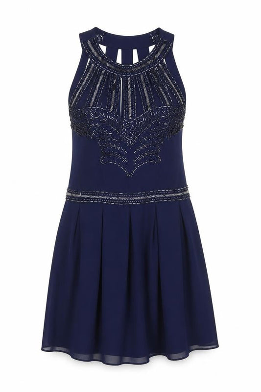TFNC London Women’s Blue Skater Dress Size S Beaded Sleeveless Party