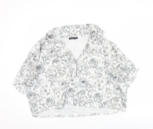Nasty Gal Women's White Floral Cropped Button-Up Shirt Size 12