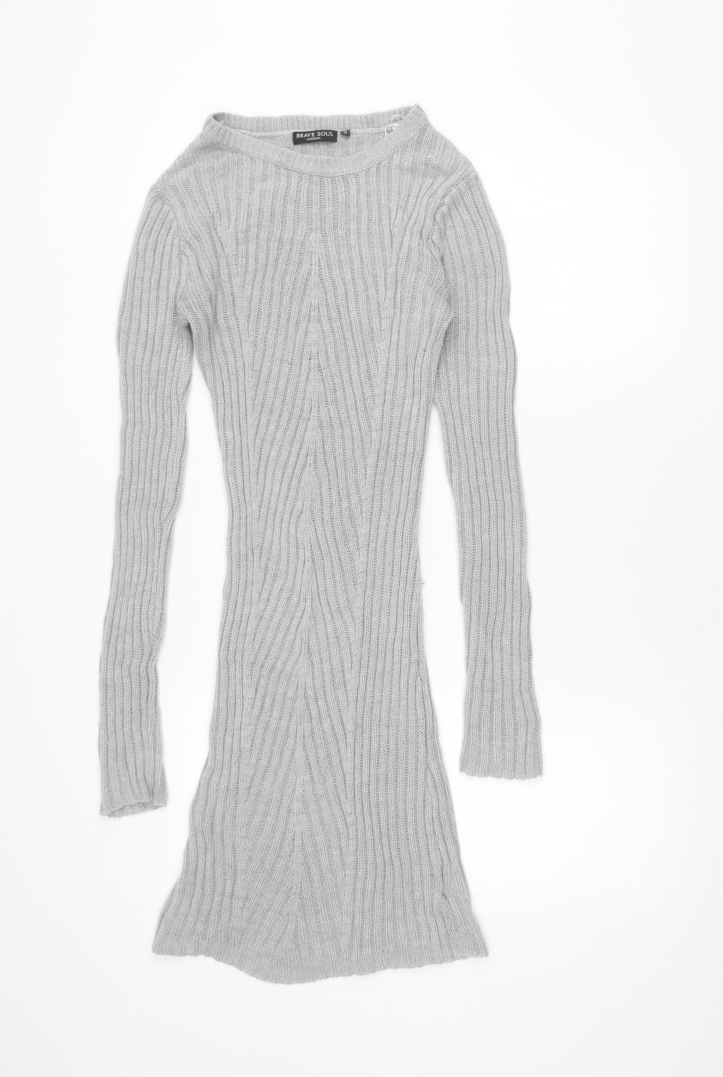 Brave Soul Womens Grey Knit Tunic Jumper Size M 14 Crew Neck Long Sleeve
