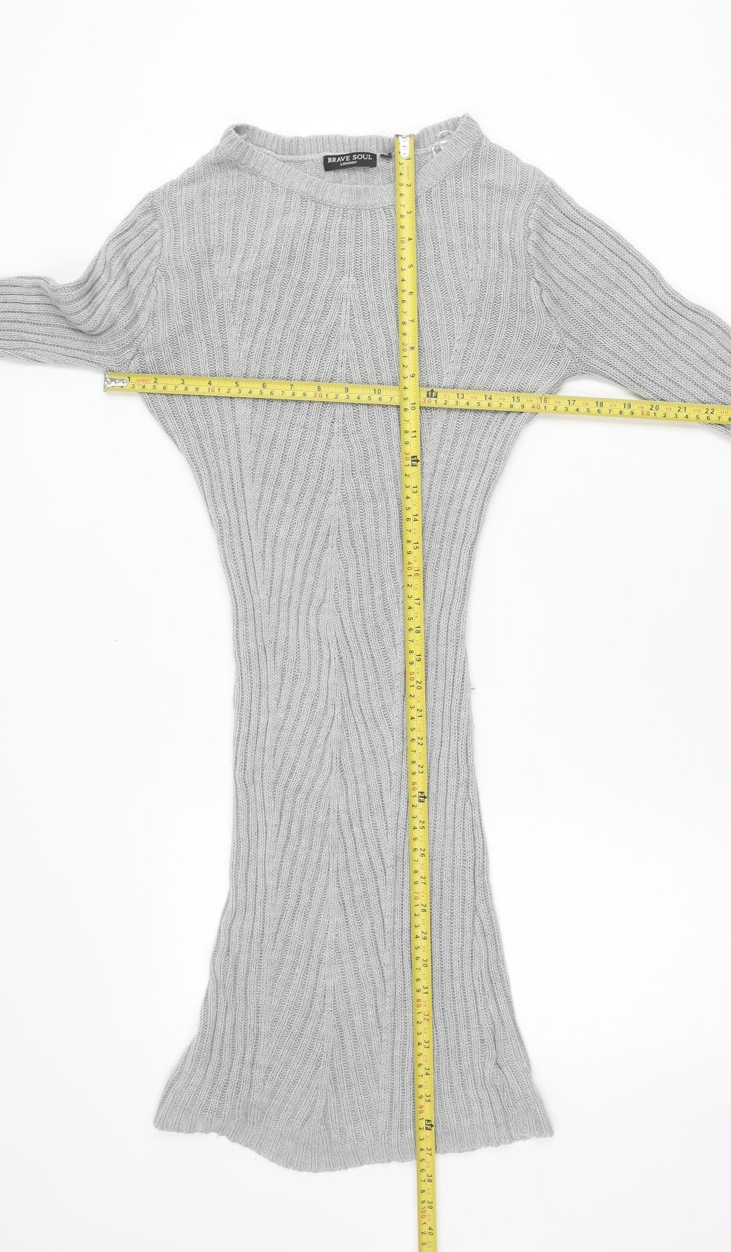 Brave Soul Womens Grey Knit Tunic Jumper Size M 14 Crew Neck Long Sleeve
