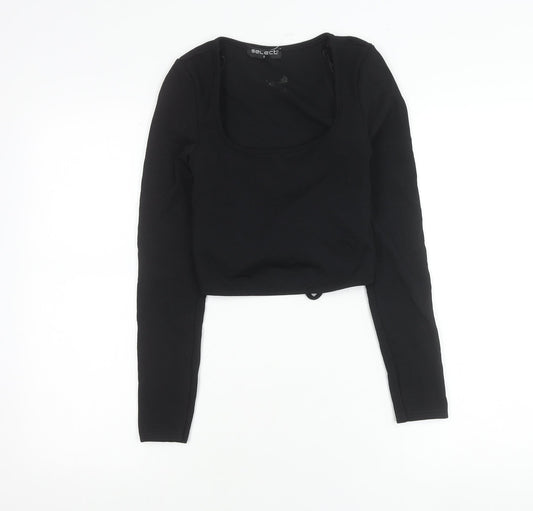 Select Women Black S Cropped Wrap Long Sleeve Square Neck Blouse