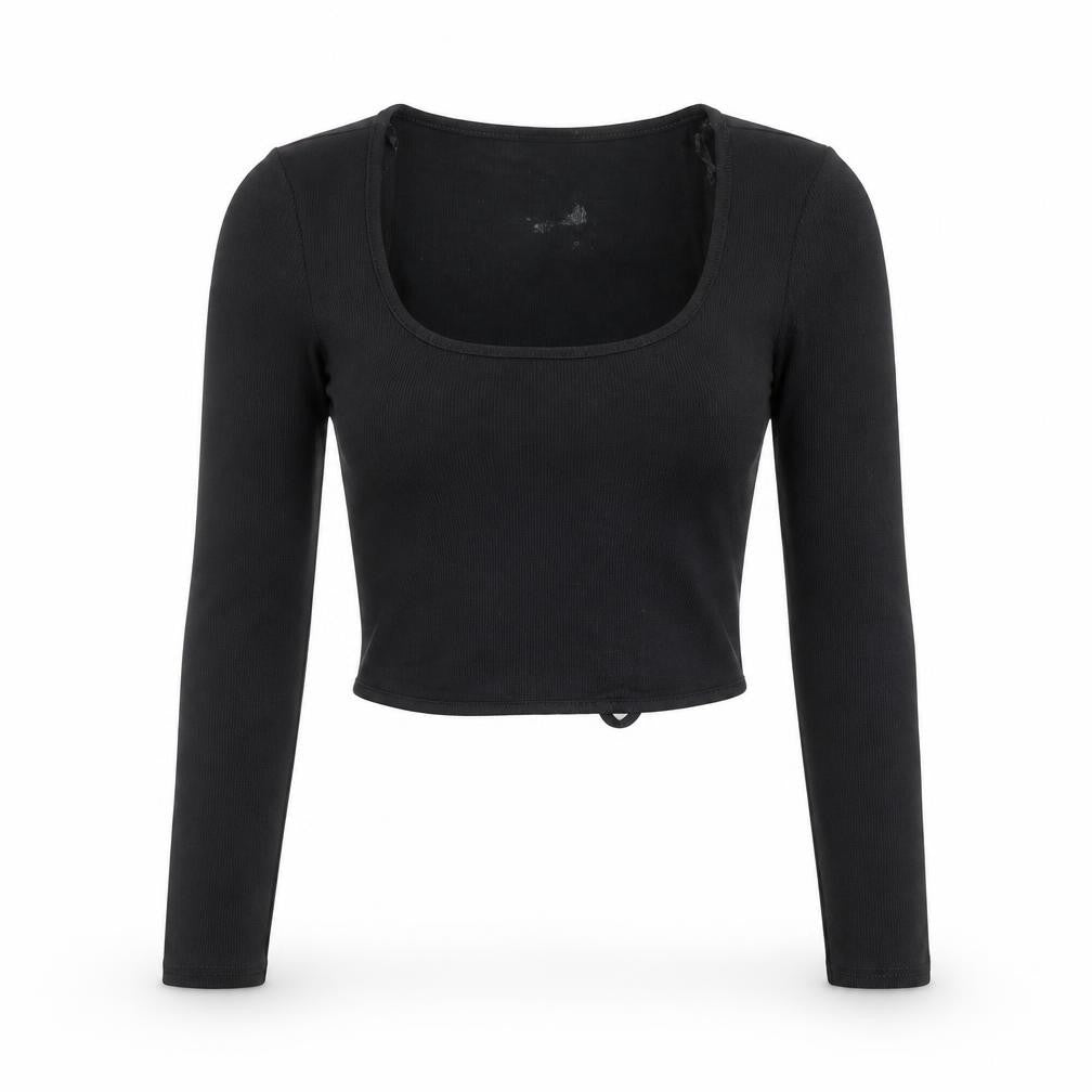 Select Women Black S Cropped Wrap Long Sleeve Square Neck Blouse