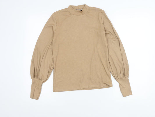 Stradivarius Women’s Beige Mock Neck Balloon Sleeve Blouse Size 8