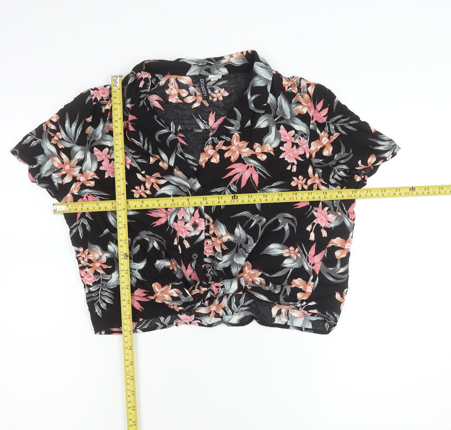 H&M Divided Women’s Black Floral Cropped Button-Up Shirt Size 12