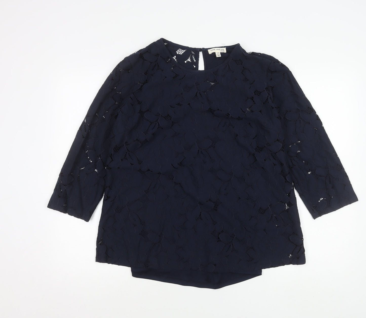 Faith and Joy Womens Blue Lace Tunic Blouse XL 3/4 Sleeve Round Neck