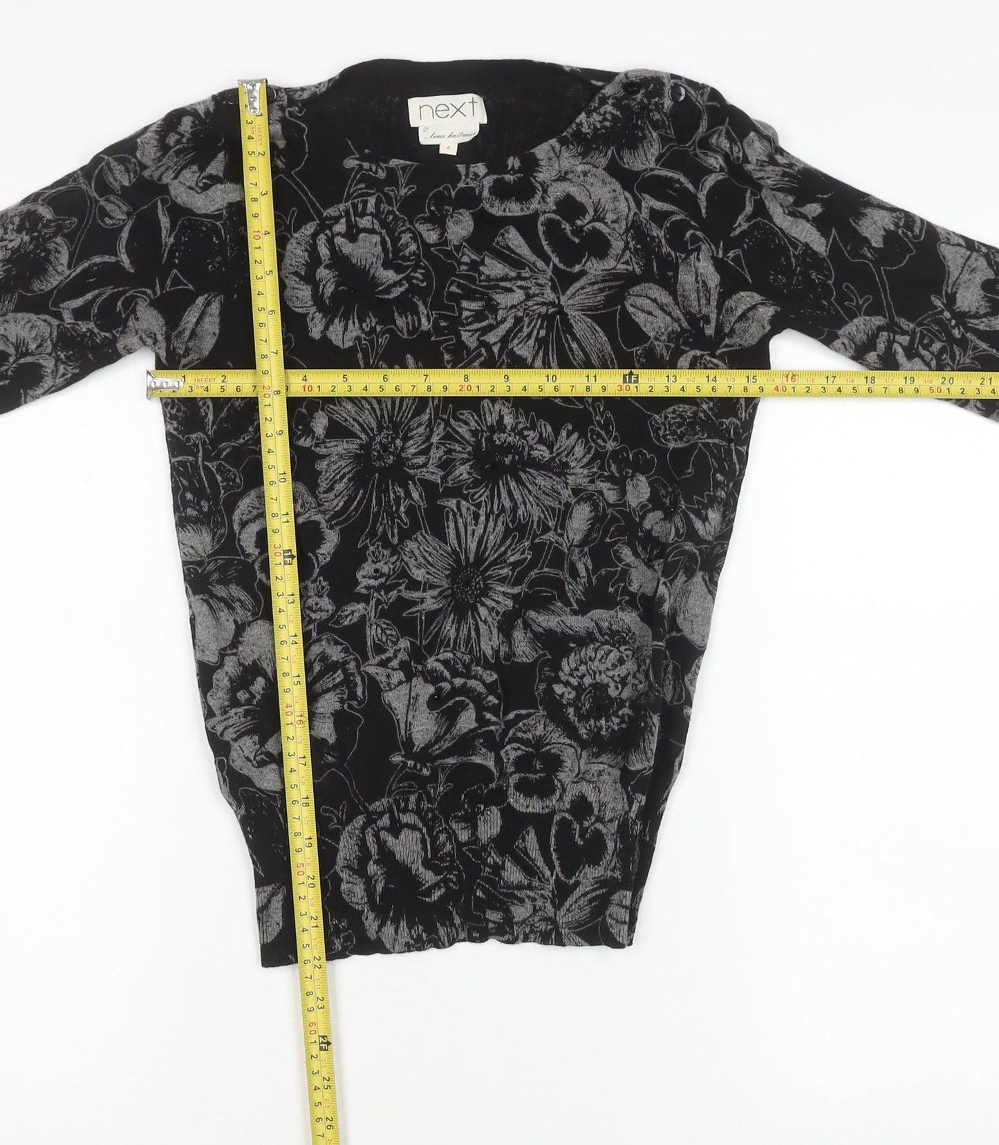 Next Women’s Black Floral Knit Tunic Blouse Size 6 Long Sleeve