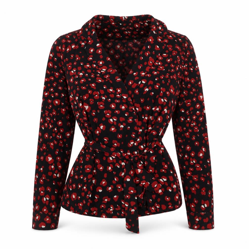 Glamorous Womens Black Red Wrap Blouse Size 10 Long Sleeve V-Neck