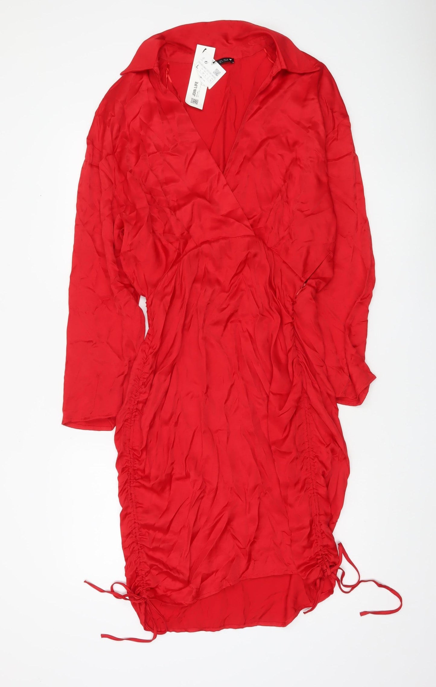 Zara Women Red Wrap Dress Size L Long Sleeve Ruched Party Cocktail